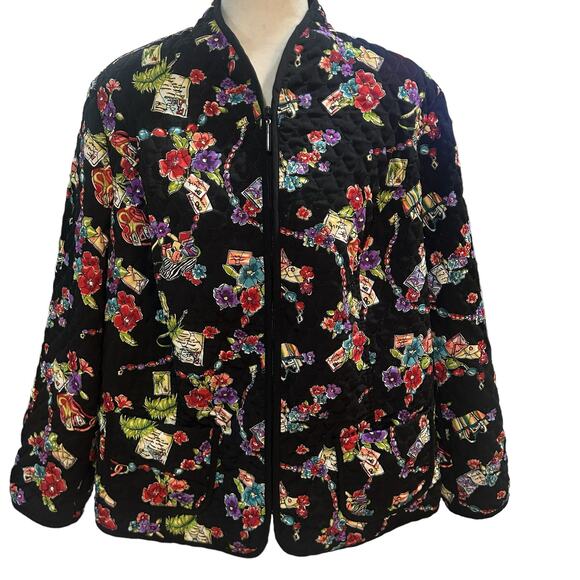 Requirements Quilted Jacket Womens Plus Size 1X Black Floral Print Full Zip up - Picture 1 of 7